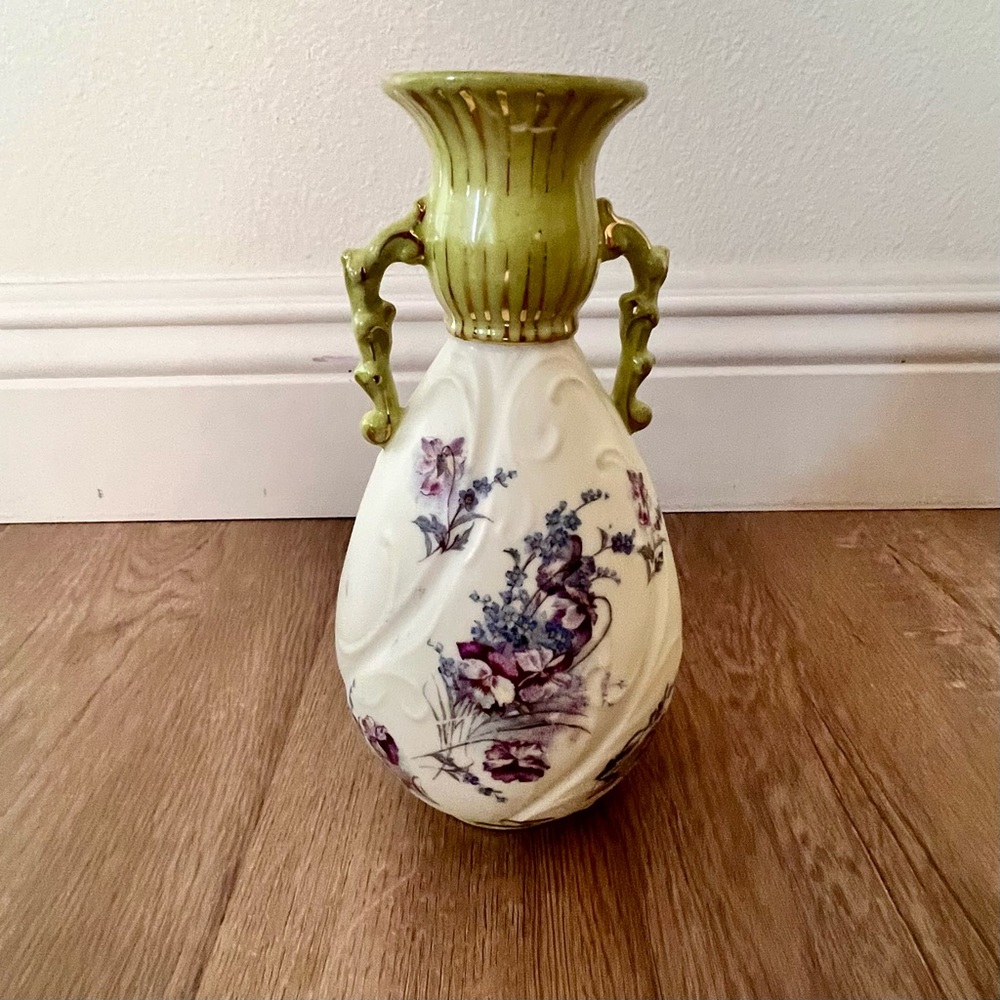 Antique c1910 RW Rudolstadt Germany Porcelain Bisque‎ Floral 2 Handle Vase Fixed